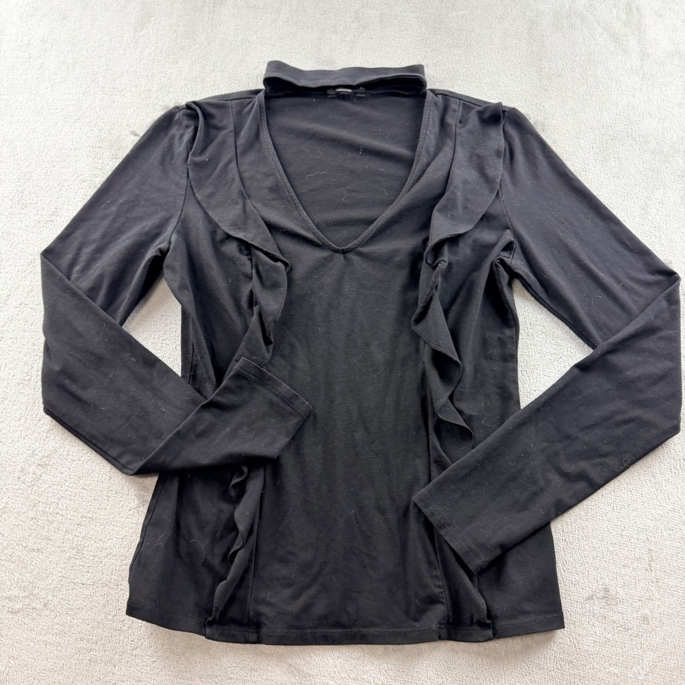 Guess Los Angeles Women's Medium Black Ruffle V-Neck Choker Long Sleeve Top